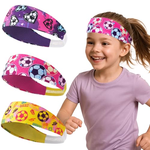WAWSAM Kids Sports Headbands for Boys Girls - 3 Pack Soccer Sweatbands for Kids, Athletic Headbands for Running, Basketball, Football, and Outdoor Play, Ages 4-9 (Pink&Yellow&Purple) - Image 1