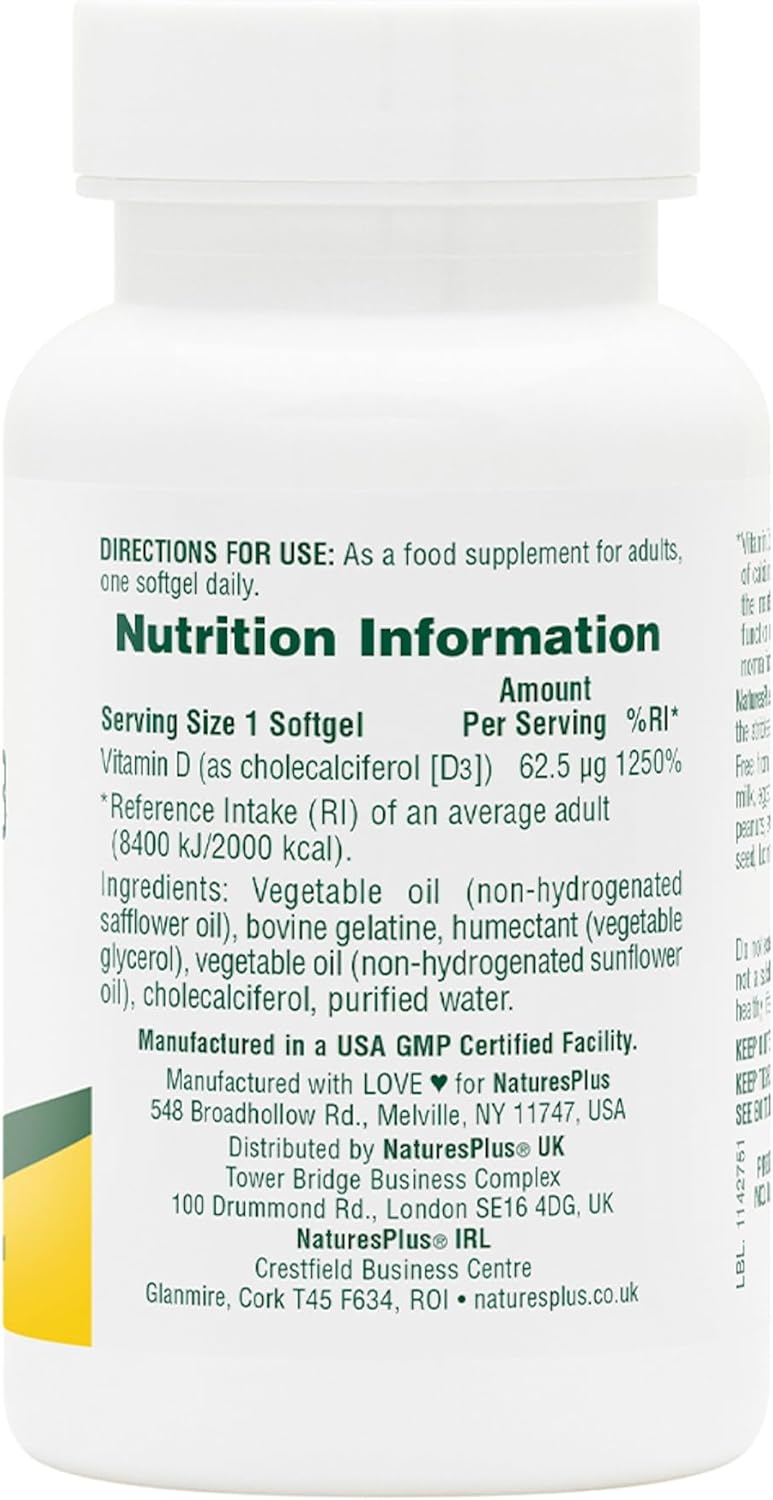 Natures Plus NaturesPlus Vitamin D3 2500 IU Active Vitamin D Supplement Immune Support Bone Muscle and Teeth Health Easy to Swallow One A Day Gluten Free 90 Softgels - Image 3