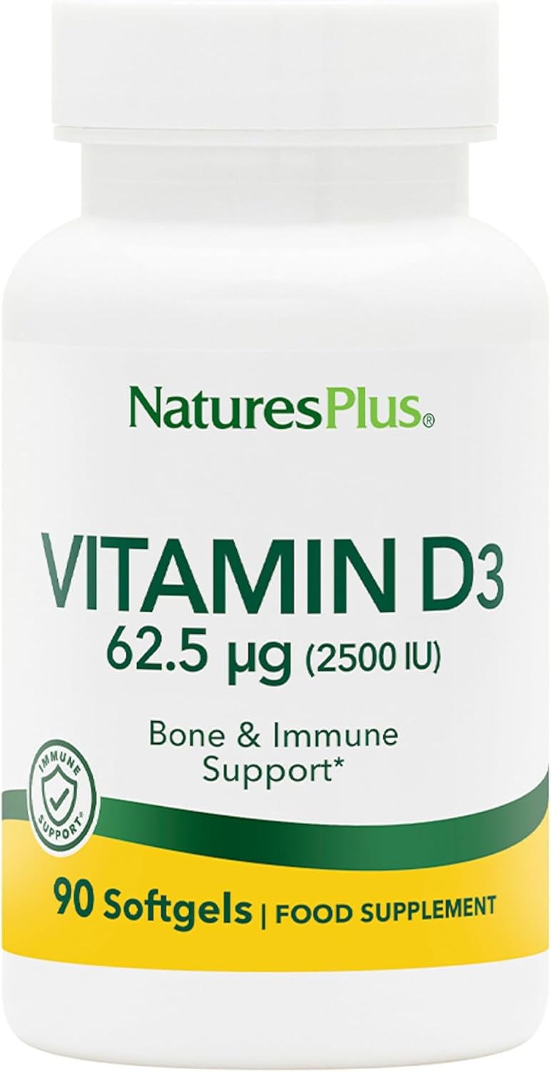 Natures Plus NaturesPlus Vitamin D3 2500 IU Active Vitamin D Supplement Immune Support Bone Muscle and Teeth Health Easy to Swallow One A Day Gluten Free 90 Softgels - Image 1