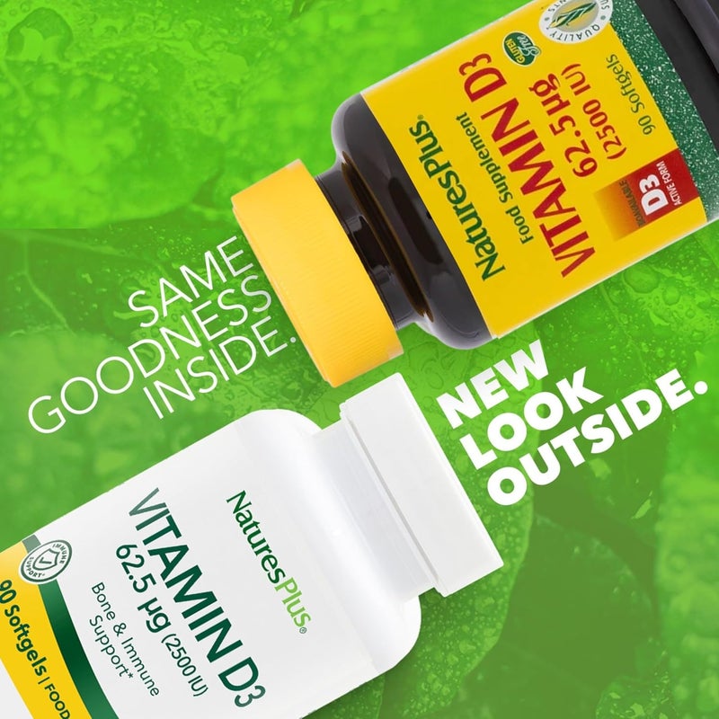 Natures Plus NaturesPlus Vitamin D3 2500 IU Active Vitamin D Supplement Immune Support Bone Muscle and Teeth Health Easy to Swallow One A Day Gluten Free 90 Softgels - Image 2