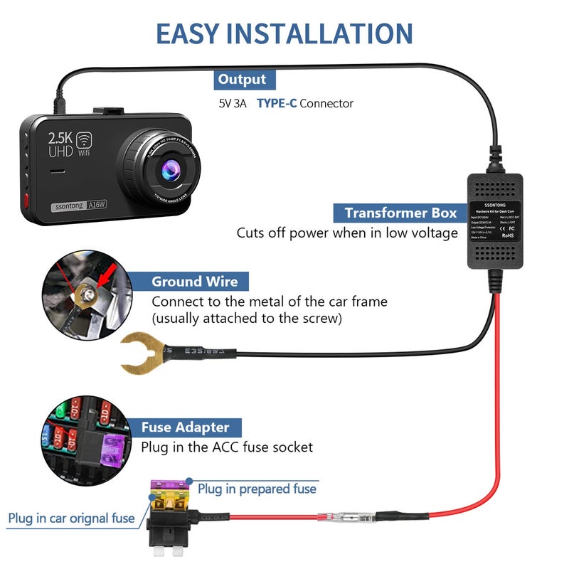 ssontong Upgraded Dash Cam Hardwire Kit, Type-C USB Hard Wire Kit 12V-24V to 5V Hardwire Kit with Low Voltage Protection 13ft Dash Cam Charger Power Cord for Dashcam GPS Power Supply Radar Detectors and More - Image 5
