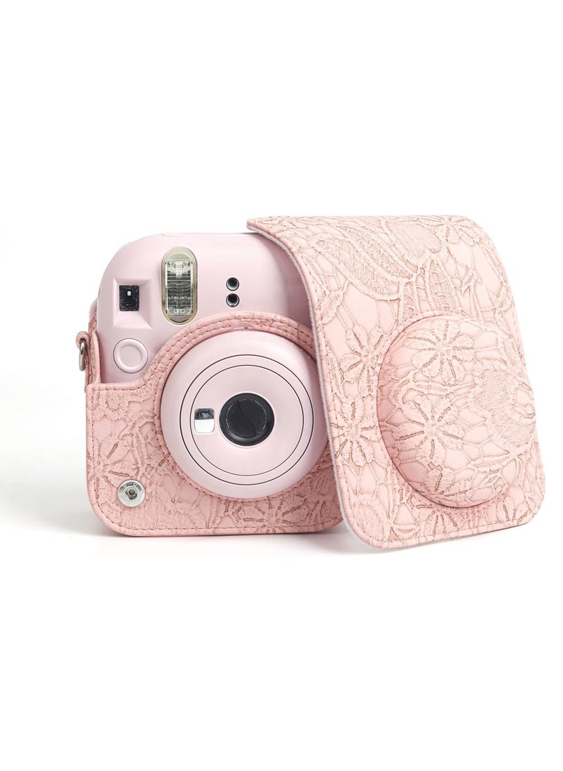 LBMT - Instant Camera Case Bag With Strap For Fujifilm Instax Mini 12 , PU Leather Embossed Pattern, Pink - Image 1