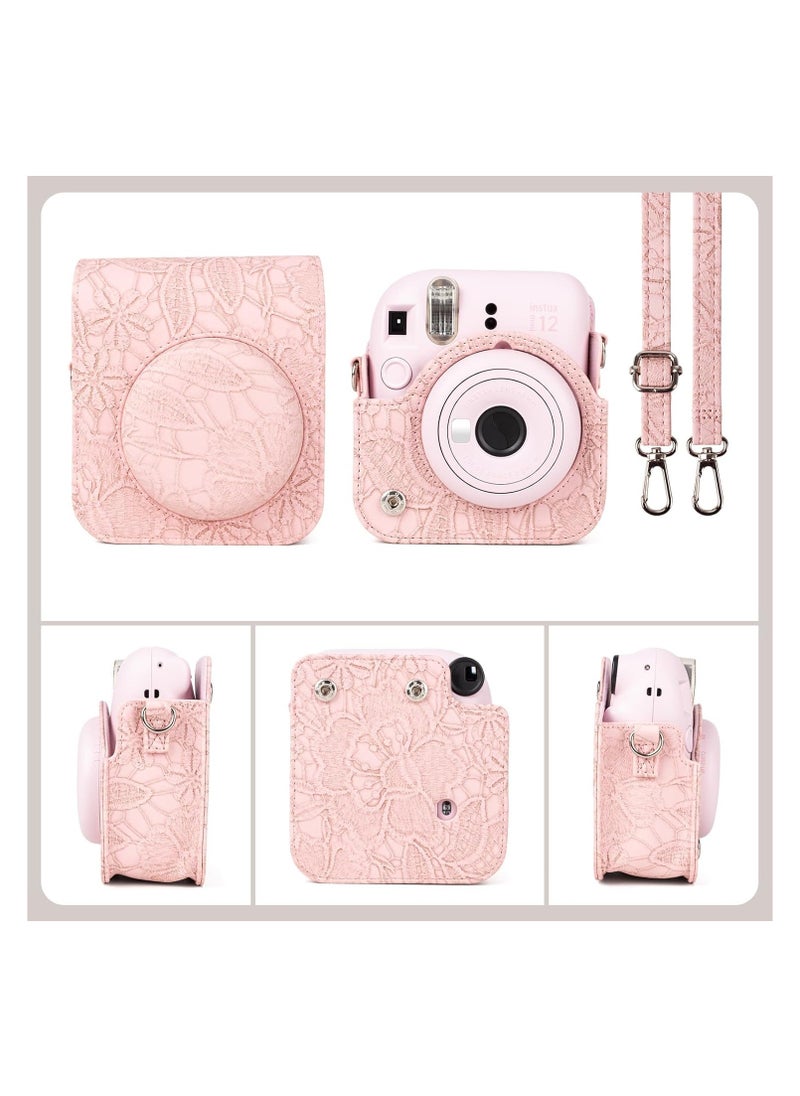 LBMT - Instant Camera Case Bag With Strap For Fujifilm Instax Mini 12 , PU Leather Embossed Pattern, Pink - Image 1