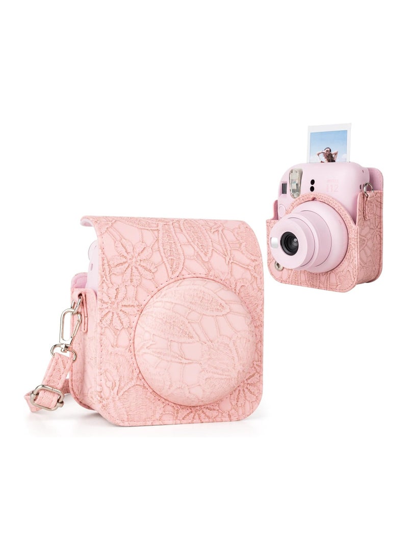 LBMT - Instant Camera Case Bag With Strap For Fujifilm Instax Mini 12 , PU Leather Embossed Pattern, Pink - Image 1