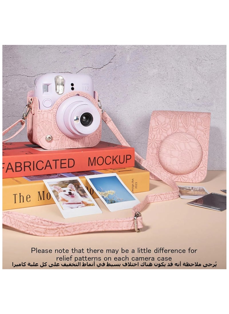 LBMT - Instant Camera Case Bag With Strap For Fujifilm Instax Mini 12 , PU Leather Embossed Pattern, Pink - Image 1