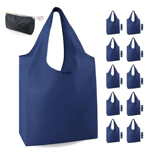 BeeGreen Navy Blue Reusable Grocery Bags Bulk 10 Packs, Kitchen Reusable Shopping Bags 50LBS Large, Machine Washable Durable, Easily Foldable with a Storage Bag - Image 1