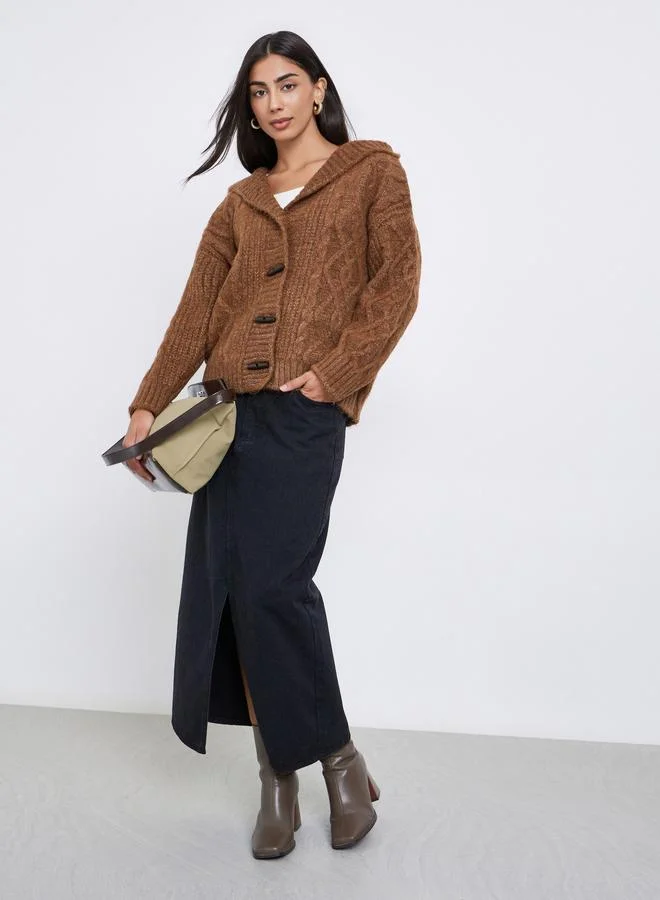 Styli Brown Cable Knit Oversized Hooded Cardigan