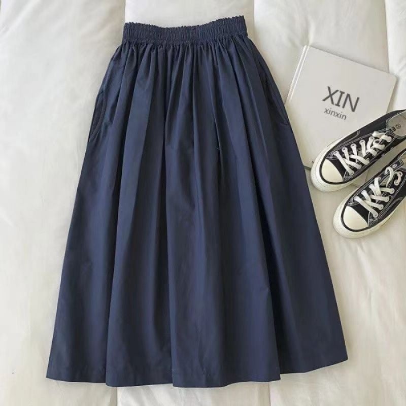 2024 Summer New Double Pocket Solid Color Workwear Skirt Womens Korean-style Student All-match High Waist A- line Long Skirt Q12 navy blue 