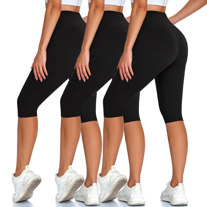 Hi Clasmix High Waisted 3 Pack Women's Capri Pants - Knee Length Yoga Shorts, Biker Workout Leggings for Women,Summer Activewear Black/Black/Black - Image 1