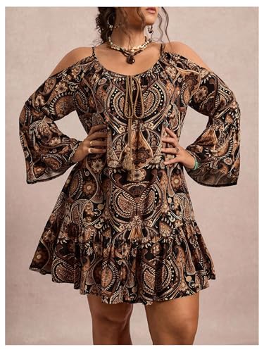BEAUDRM Women's Plus Size Western Paisley Cold Shoulder Dress Boho Ruffle Bell Long Sleeve Vacation Summer Mini Dresses Khaki XX-Large Plus - Image 3