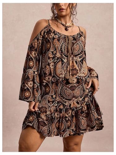 BEAUDRM Women's Plus Size Western Paisley Cold Shoulder Dress Boho Ruffle Bell Long Sleeve Vacation Summer Mini Dresses Khaki XX-Large Plus - Image 5