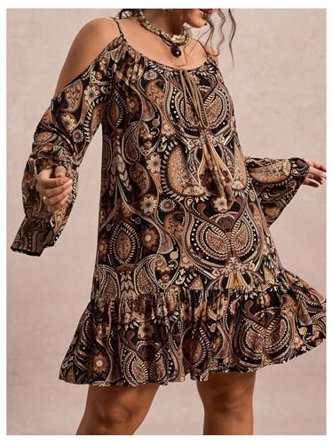 BEAUDRM Women's Plus Size Western Paisley Cold Shoulder Dress Boho Ruffle Bell Long Sleeve Vacation Summer Mini Dresses Khaki XX-Large Plus - Image 4