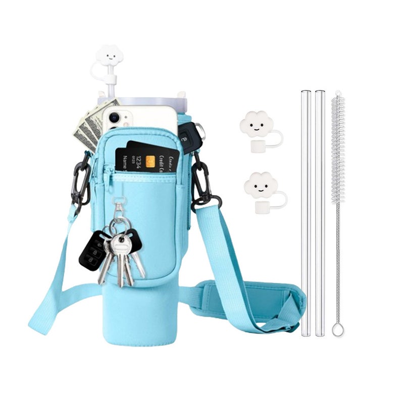 40oz Insulated Cup Sleeve with Car Handle, Cross-body Strap Blue suit 