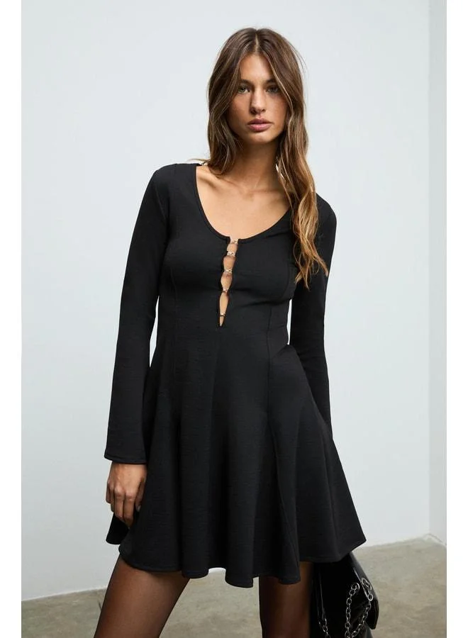 MARIVENA Women's V-neck Dress with Agraff Detail, Long Spanish Sleeve, Cuff Slit, Mini Black Dress.