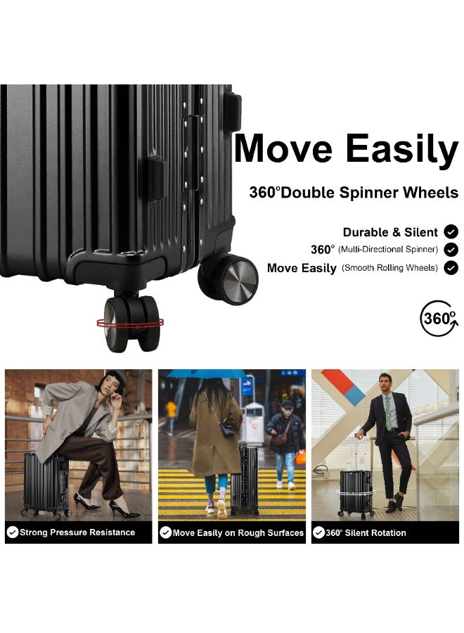 CABINPRO Lightweight Aluminum Frame Fashion Luggage Trolley Polycarbonate Hard Case Carry On Suitcase with 4 Quite 360° Double Spinner Wheels CP001 Black - Image 5