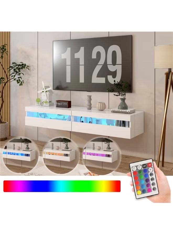 حامل تلفزيون حائطي، رف تلفزيون بإضاءة LED بـ 15 لونًا ومنفذ كهرباء، خزانة تلفزيون بطول 160 سم، مركز ترفيه عصري ووحدة وسائط مع تخزين، مقعد تلفزيون معلق لغرفة المعيشة وغرفة النوم - Image 1