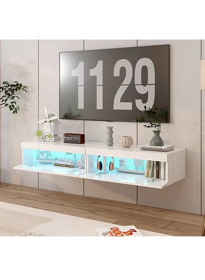 حامل تلفزيون حائطي، رف تلفزيون بإضاءة LED بـ 15 لونًا ومنفذ كهرباء، خزانة تلفزيون بطول 160 سم، مركز ترفيه عصري ووحدة وسائط مع تخزين، مقعد تلفزيون معلق لغرفة المعيشة وغرفة النوم - Image 2