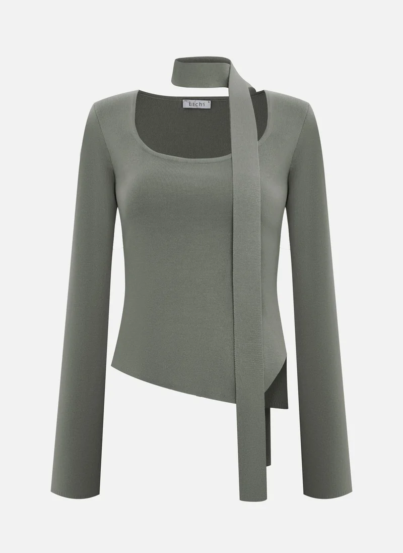 Lichi Jersey top with asymmetrical edge and ribbon scarf