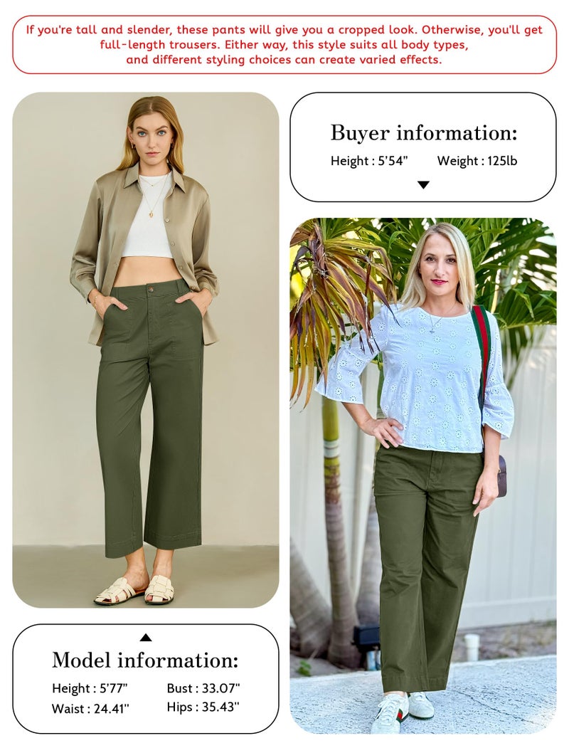Eddoyee Womens Wide Leg Ankle Pants, High Waisted Straight Leg Stretch Casual Elastic Waist Cropped Pants Army Green - Image 5