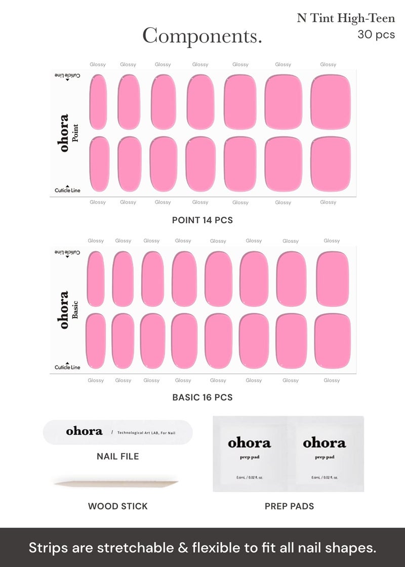 ohora Semi Cured Gel Nail Strips (N Tint High-Teen) - Pink, Tint, Works with Any UV/LED Lamps, Salon-Quality, Long Lasting, Easy to Apply & Remove - Includes 2 Prep Pads, Nail File & Wooden Stick - Image 4