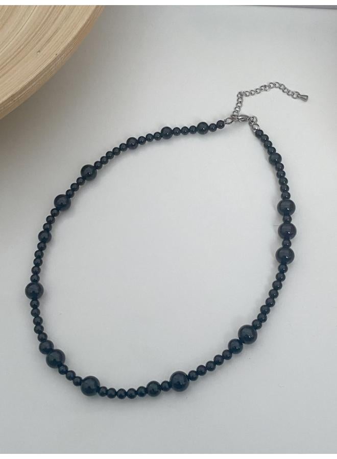 Korean Cold Wind Staggered Size Black And White Beaded Necklace Black Onyx Transparent Crystal Necklace Choker Chain 