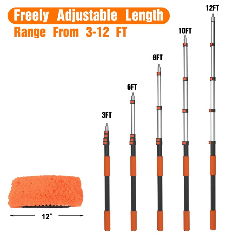LAANPOLE 12FT Car Wash Brush with Long Handle, Car Cleaning Kit with Soft Bristle Wash Brush, Microfiber Cleaning Mop, Window Squeegee, Mitt, Wheel Brush, Bucket, Drying Towel for RV, Truck, Boat - Image 5