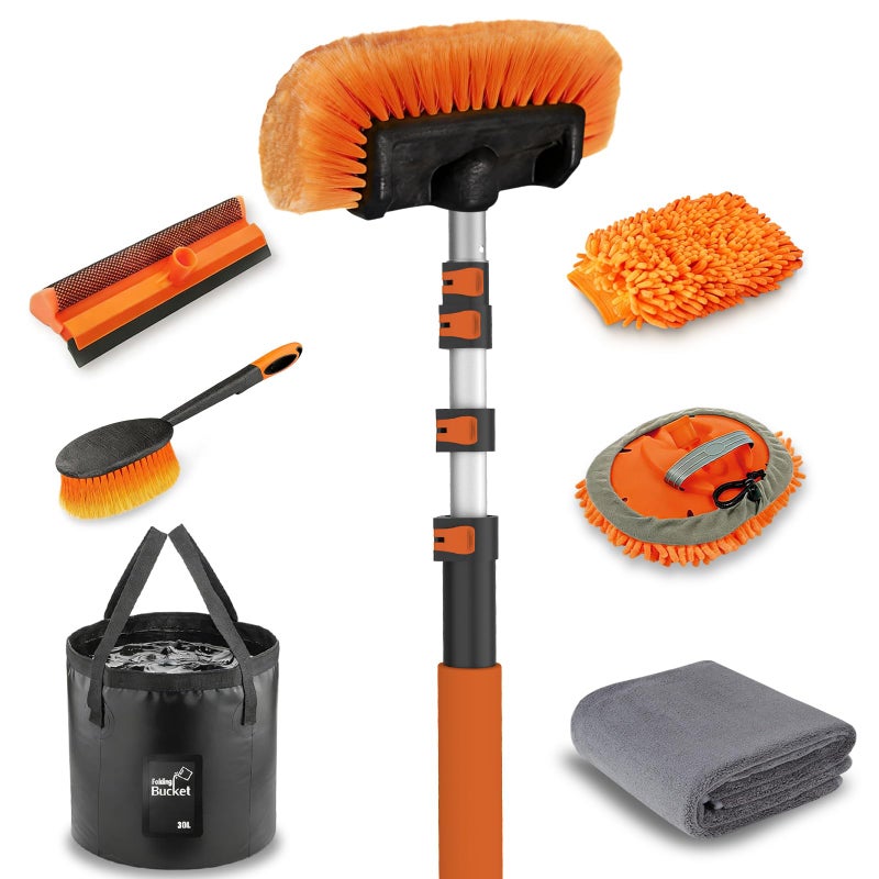 LAANPOLE 12FT Car Wash Brush with Long Handle, Car Cleaning Kit with Soft Bristle Wash Brush, Microfiber Cleaning Mop, Window Squeegee, Mitt, Wheel Brush, Bucket, Drying Towel for RV, Truck, Boat - Image 1