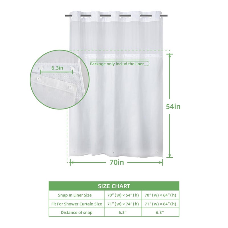 eachope 1 Pack PEVA Snap-in Shower Curtain Liner Replacement,Compatible with No Hook Shower Curtain with Snap in Liner, Removable & Water-Repellent,Machine Washable,70x54,Frost - Image 5