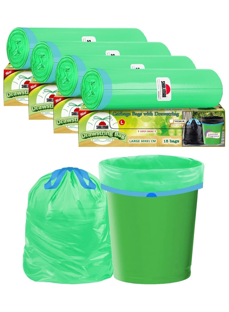 shalimar Shalimar Premium Drawstring Garbage Bag (Lavender Fragrance) – 60 Bags (4 Rolls) – 61 x 81 cm – Fits 10 to 12 Gallon Bins – Large Dustbin/Trash Bags – Leak-Proof & Scented – Green  - Image 1