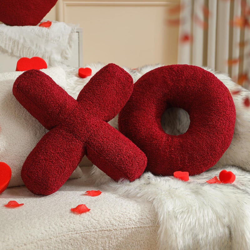 EastTree XO Pillows Valentines Love XO Shaped Pillow Wine Red Throw Pillows Love Pillow Gifts Ultra Soft Teddy Fleece Wedding Pillows Women Girls Kid Room Decor Valentines Day Decor 14x14 Inch