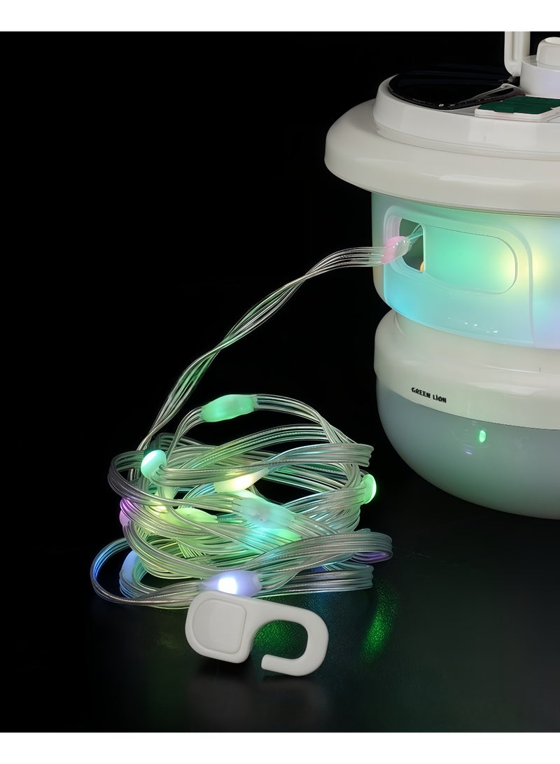 GREEN LION Solar LED Lumex Camping Light with Built In Hanging Hook, Waterproof Portable Outdoor Light with 10m RGB Light String Easy to Roll & Store, Solar & Type-C Charging, Multi Mode Light Color, Battery Level Indicator, 8H Working Time, Light Weight Multiple Usage Outdoor Lamp for Garden, Patio, Camp, Tent, Fishing and Emergency Car Repair - White - Image 3