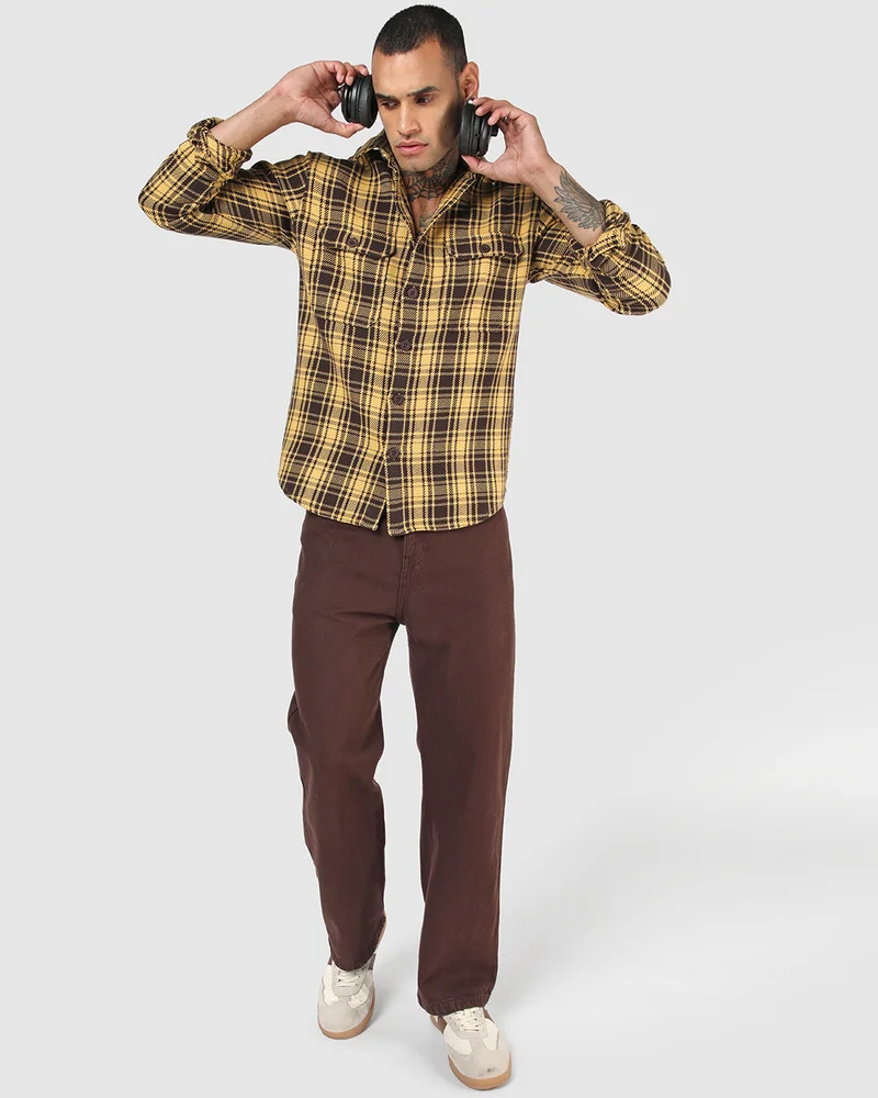 bewakoof  Men's Yellow & Brown Checked Shacket for Men | Best Price UAE