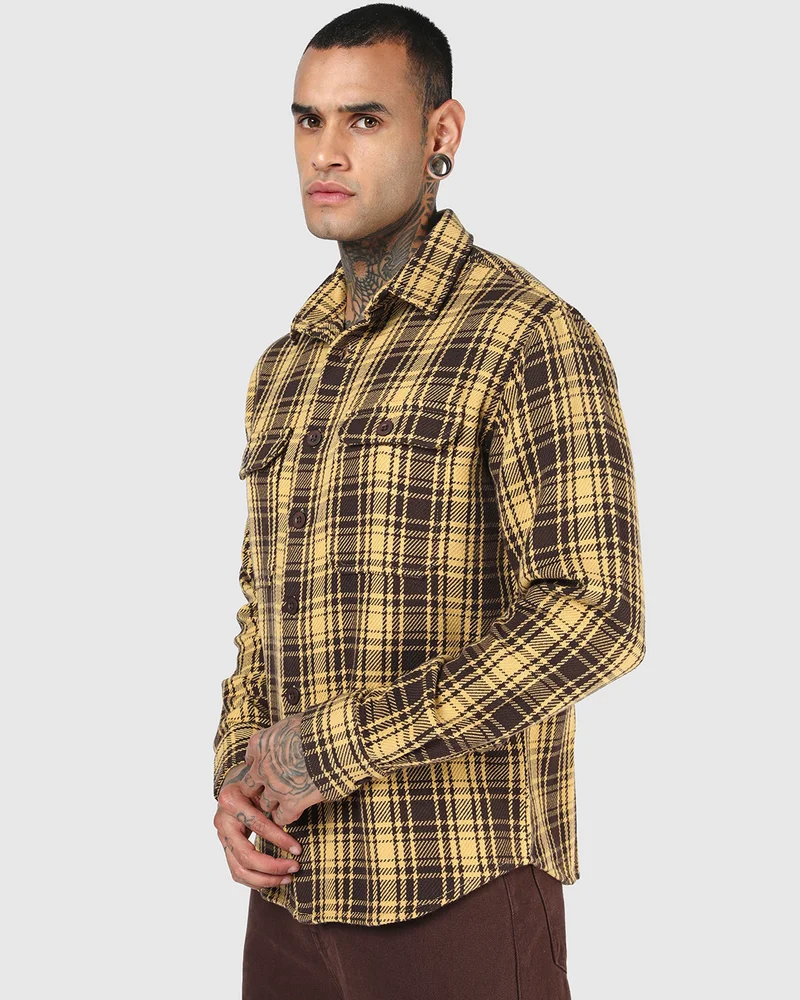 بيواكوف Men's Yellow & Brown Checked Shacket