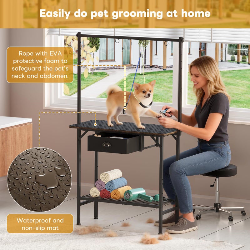 Cutogxon Dog Grooming Table with Drawers and Mesh Tray,32 Inch Adjustable Pet Grooming Table with Non-slip Removable Washable Mat and EVA Protective Lanyard ,Professional Grooming Table for small Dogs at Home - Image 3