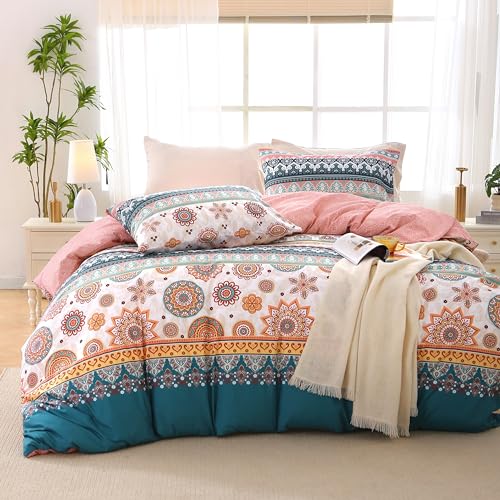 MUXHOMO Duvet Cover Queen Size Floral Duvet Cover Set with Zipper Closure, Boho Flower Bedding Set, 3 Pieces, 1 Duvet Cover 90"x90" with 4 Corner Ties and 2 Pillowcases 20"x30" - Image 1