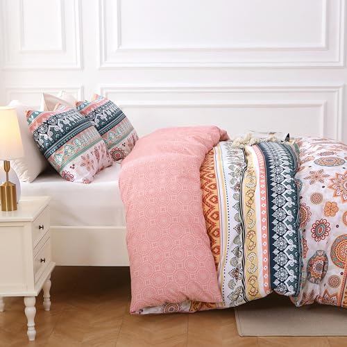 MUXHOMO Duvet Cover Queen Size Floral Duvet Cover Set with Zipper Closure, Boho Flower Bedding Set, 3 Pieces, 1 Duvet Cover 90"x90" with 4 Corner Ties and 2 Pillowcases 20"x30" - Image 4