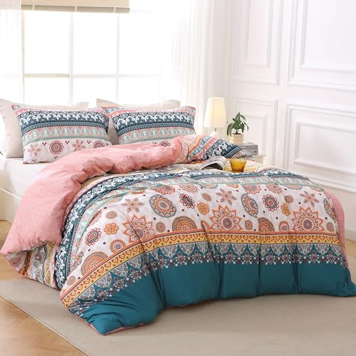 MUXHOMO Duvet Cover Queen Size Floral Duvet Cover Set with Zipper Closure, Boho Flower Bedding Set, 3 Pieces, 1 Duvet Cover 90"x90" with 4 Corner Ties and 2 Pillowcases 20"x30" - Image 3