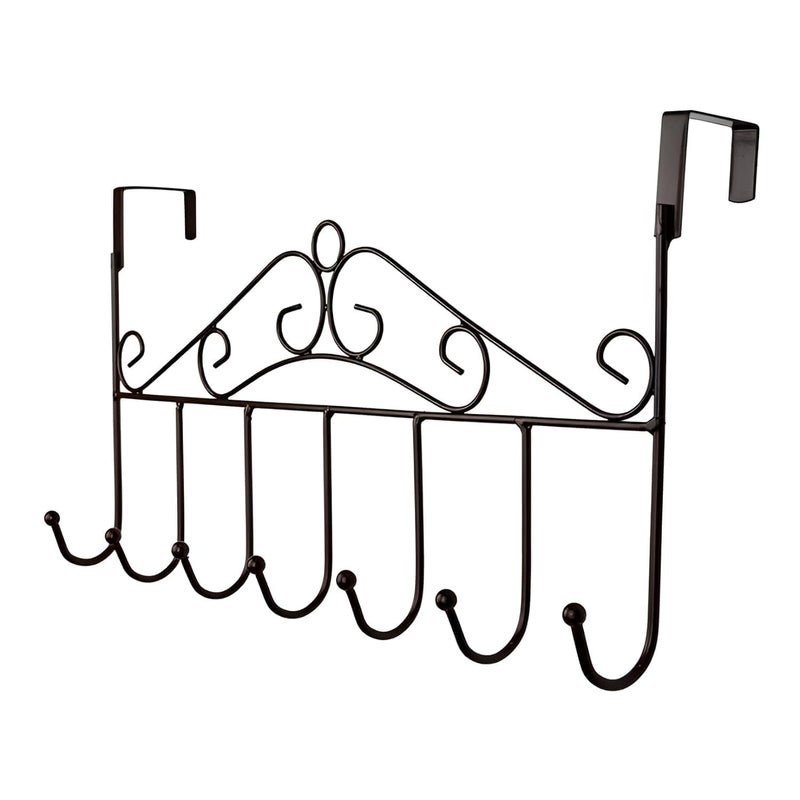 Steel Over The Door Hook Hanger Hanging Organizer Rack with No Hole Drilling Required for Bedroom Bathroom Kitchen Doors of Shirts Belts Towels with 7 Hook Rack Black  - Image 1