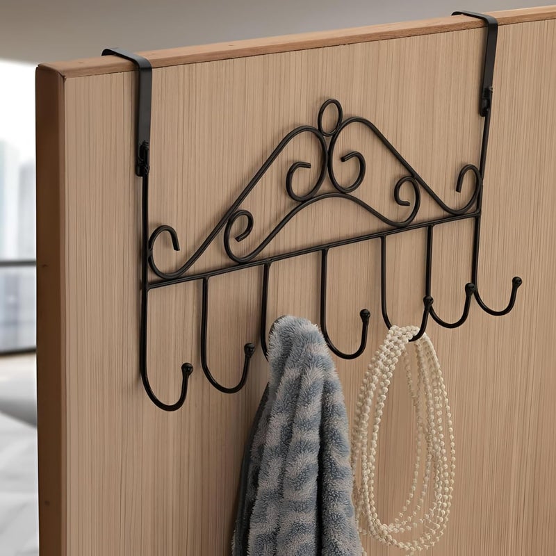 Steel Over The Door Hook Hanger Hanging Organizer Rack with No Hole Drilling Required for Bedroom Bathroom Kitchen Doors of Shirts Belts Towels with 7 Hook Rack Black  - Image 3