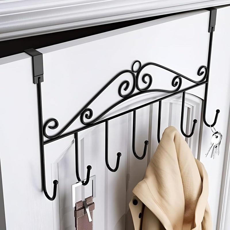 Steel Over The Door Hook Hanger Hanging Organizer Rack with No Hole Drilling Required for Bedroom Bathroom Kitchen Doors of Shirts Belts Towels with 7 Hook Rack Black  - Image 4