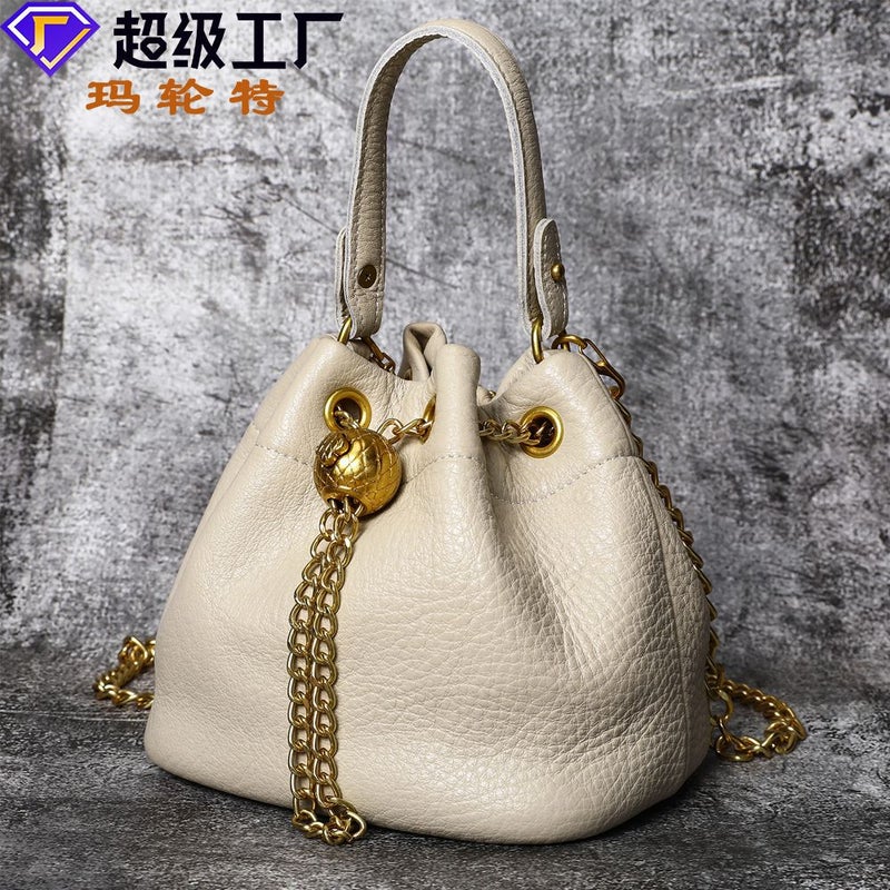 New Genuine Leather Retro All-Match Small Portable Bucket Bag Double Shoulder Strap Design Messenger Bag Single Shoulder Bag For Women - Image 2