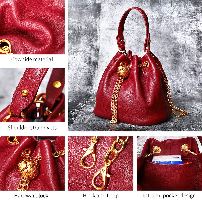 New Genuine Leather Retro All-Match Small Portable Bucket Bag Double Shoulder Strap Design Messenger Bag Single Shoulder Bag For Women - Image 3