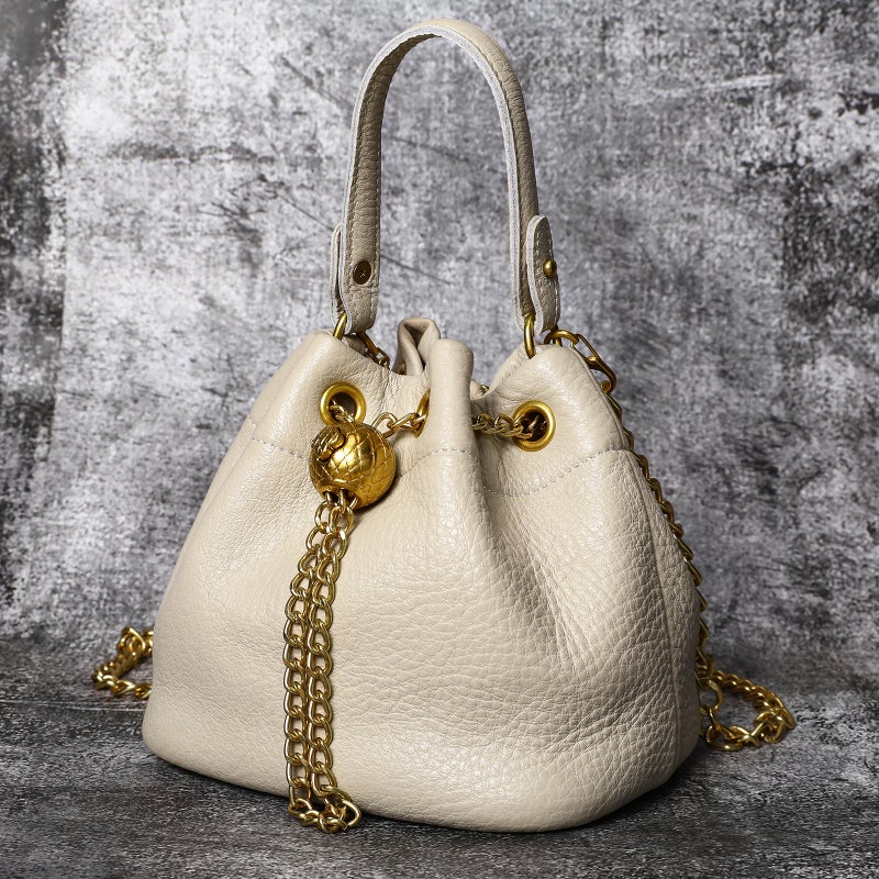 New Genuine Leather Retro All-Match Small Portable Bucket Bag Double Shoulder Strap Design Messenger Bag Single Shoulder Bag For Women - Image 1