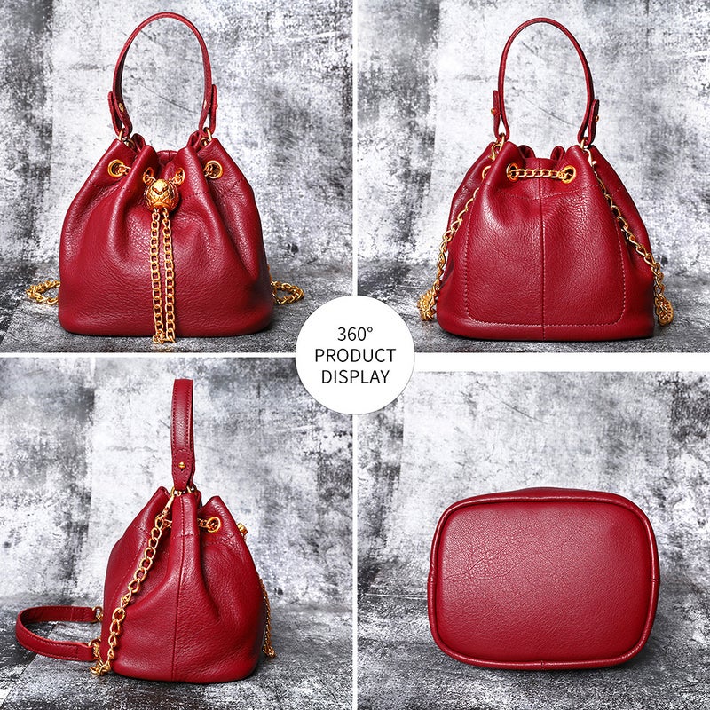 New Genuine Leather Retro All-Match Small Portable Bucket Bag Double Shoulder Strap Design Messenger Bag Single Shoulder Bag For Women - Image 5