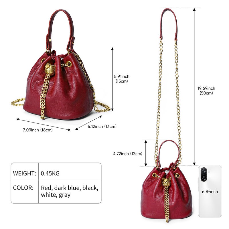New Genuine Leather Retro All-Match Small Portable Bucket Bag Double Shoulder Strap Design Messenger Bag Single Shoulder Bag For Women - Image 4