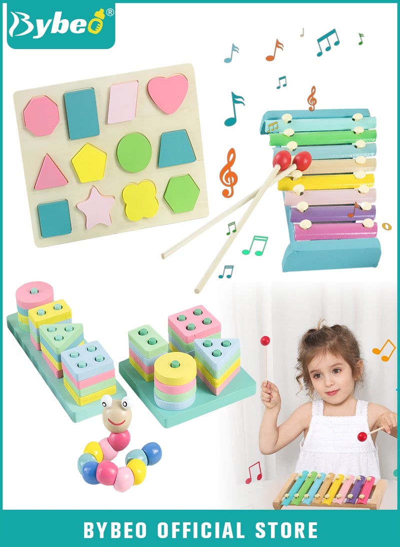 Bybeo 5 Pieces Montessori Toys for 1-3 Years Toddlers, Kids Wooden Toys with Macaron Color, Wooden Sorting & Stacking Toys, Early Development Toys, Preschool Educational Toy for Children - Image 1