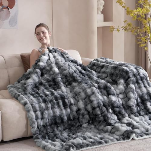 Serenhom 60x80 Inches UltraSoft Fuzzy Faux Fur Plush Twin Size Blanket Thick Warm Sherpa for Couch Sofa Bedroom Camping Decorative Blanket for Cozy Warmth Bubble Light Grey Tie Dye - Image 3