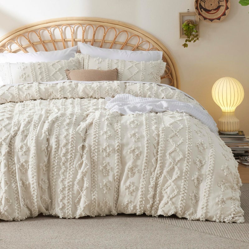 Bedsure Boho Duvet Cover Queen Size - Tufted Duvet Cover Queen Set for All Seasons, 3 Pieces Soft Shabby Chic Embroidery Boho Bedding, Comforter Not Included (Beige, 90" x 90") - Image 1