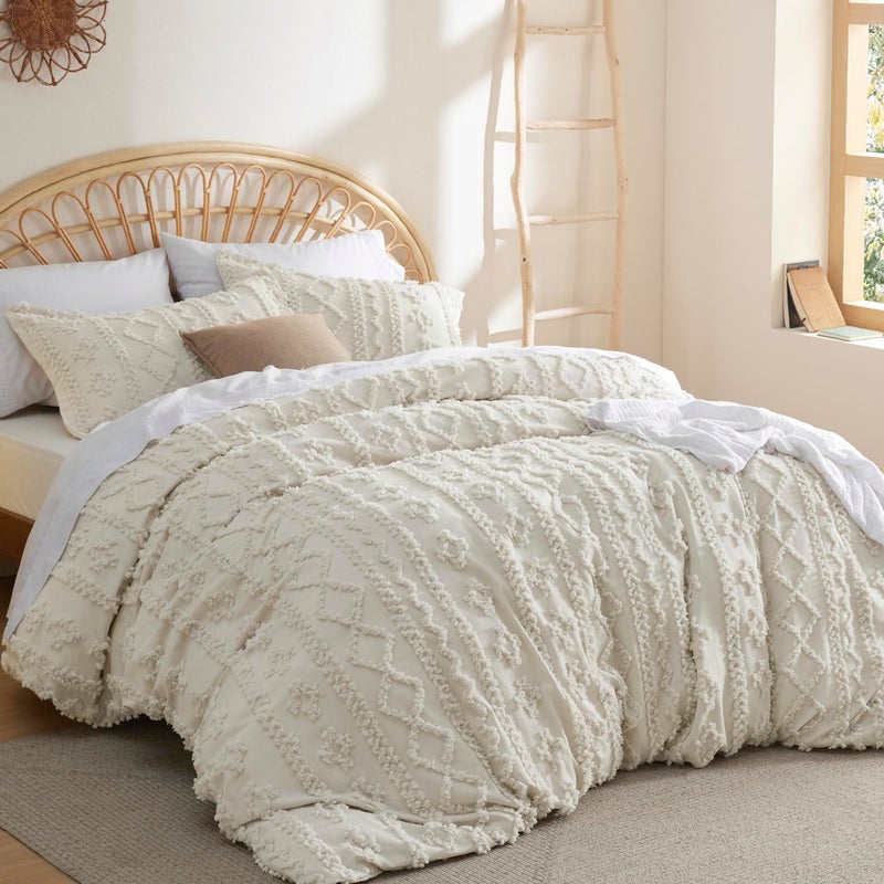 Bedsure Boho Duvet Cover Queen Size - Tufted Duvet Cover Queen Set for All Seasons, 3 Pieces Soft Shabby Chic Embroidery Boho Bedding, Comforter Not Included (Beige, 90" x 90") - Image 2