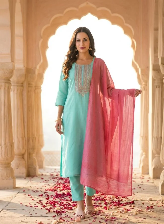 Yuris Tuquoise Blue Embroidered, Three Quarter Sleeve, Round Embroidered Neck, Straight Kurta Set, Side Slit with Solid Dupatta